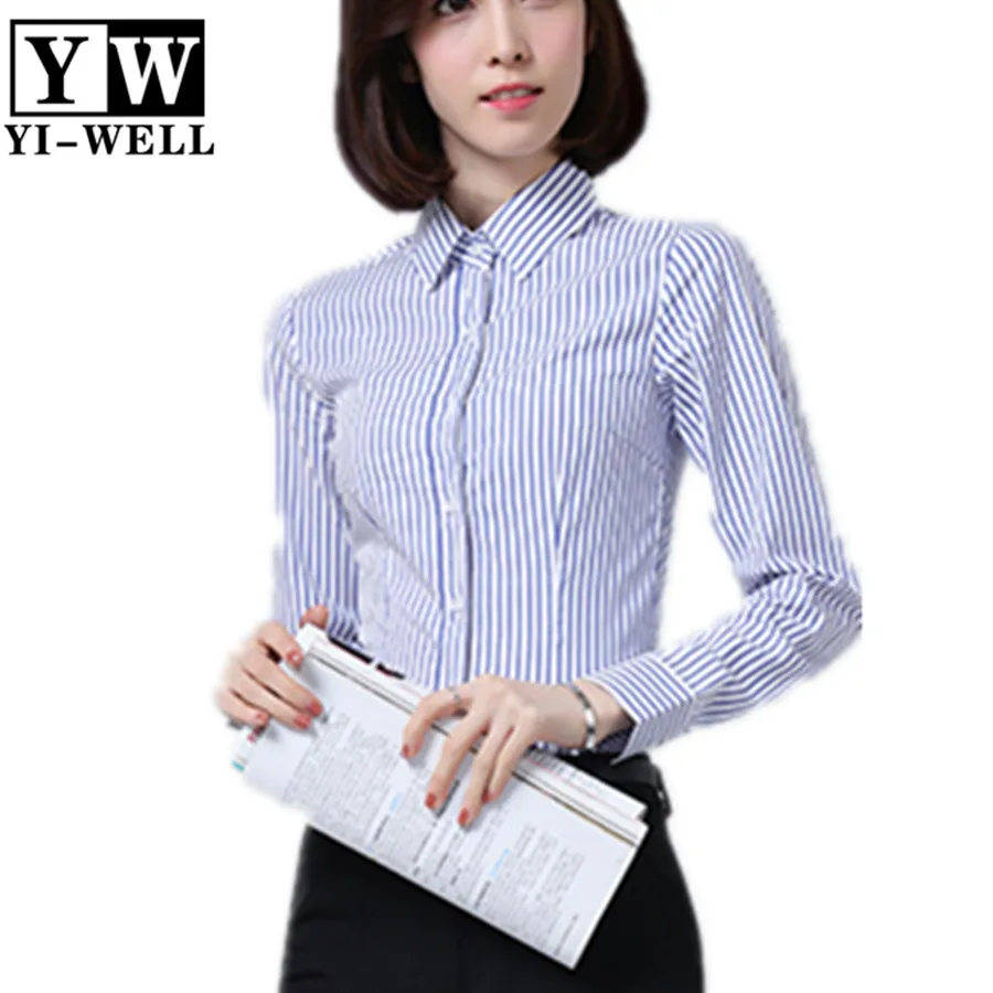 Regular fit women blue white stripe dress shirt