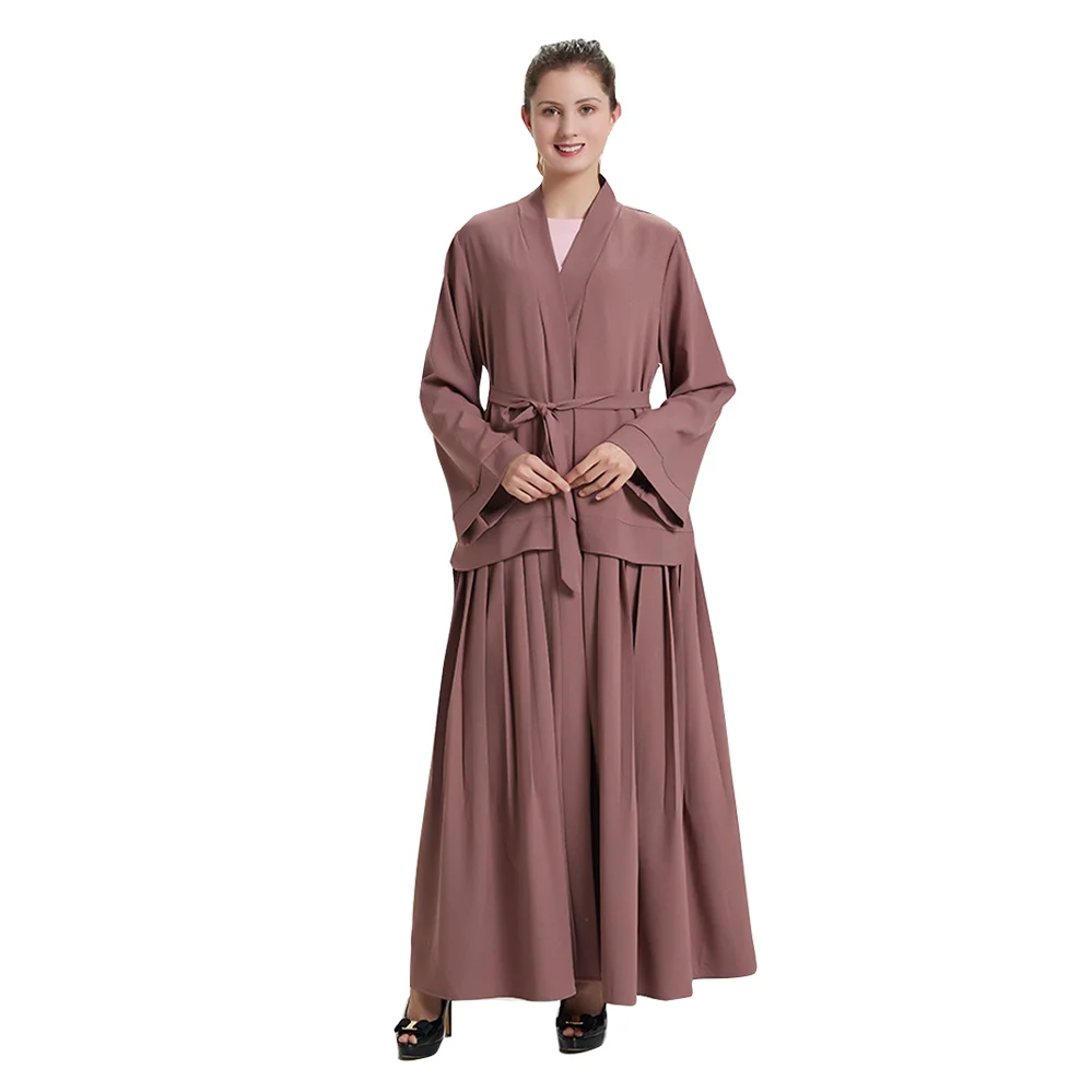 2018 Autumn new arrive arab tunic robes with belt front open muslim abaya dress solid color islamic clothing collections