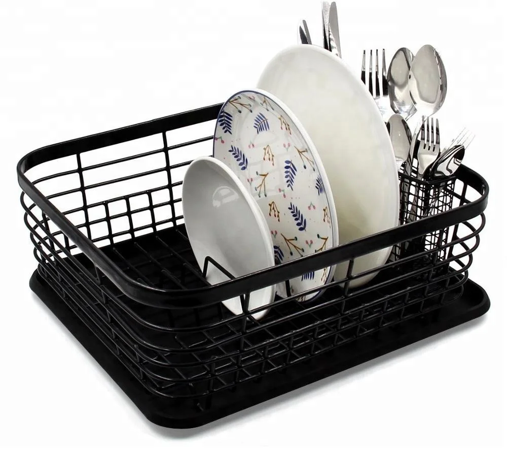Kitchen Dish Drainer Drying Rack with Drip Tray and Full Mesh Silverware Storage Basket Black