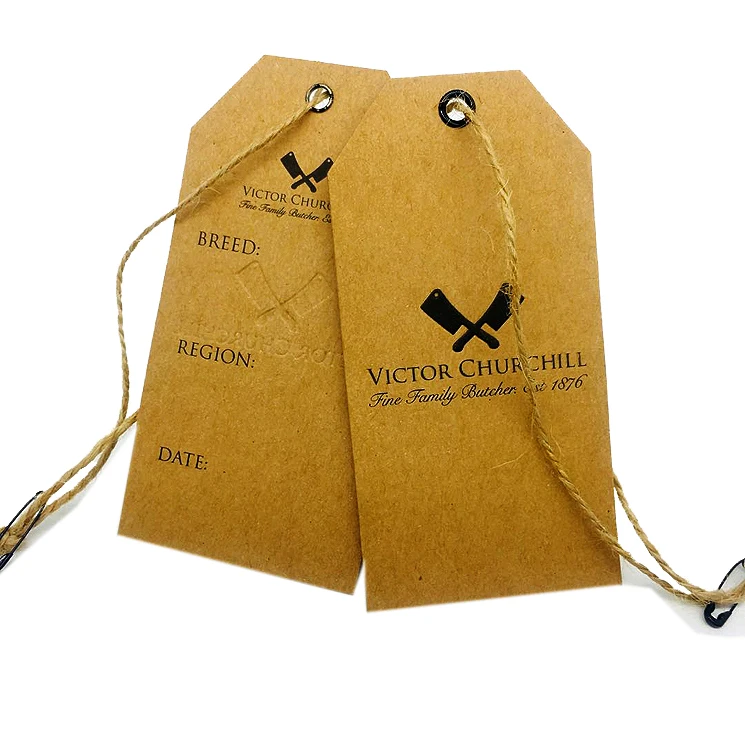 Custom Printing Brand Name Logo Recycled Thickness Kraft Paper Wing Tags Jeans Kraft Paper Hang Tag With Hemp String