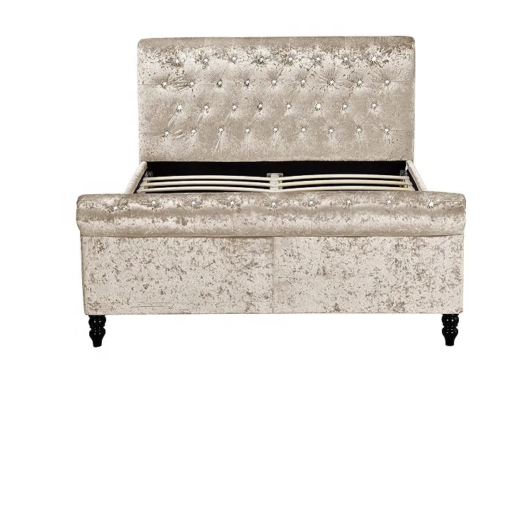 Classy Modern Bed Frame Sleigh Style Fully Upholstered Designer bed in Crushed Velvet or Chenille Fabric