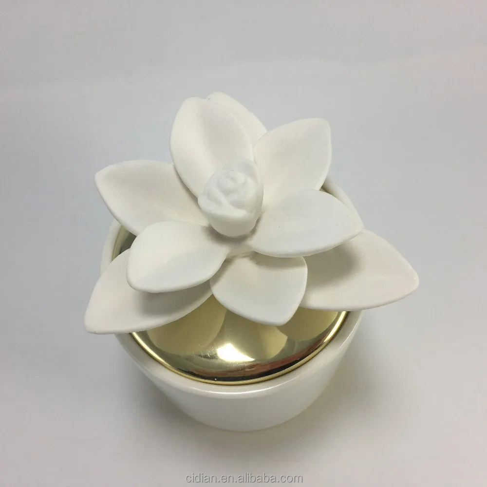 Unique Ceramic candle jar with ceramic flower gold lid