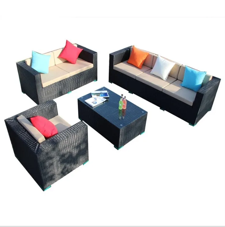 Patio Furniture Outdoor Wicker Rattan Dining Set Cushioned Seat Garden Sectional Conversation Sofa with Glass Top Coffee Table