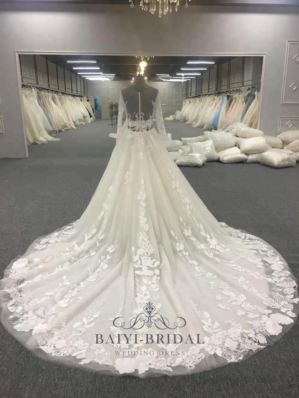Custom Made Lace Wedding Dress Bridal Gown Golden Crystals Transparent Long Sleeve Bridal Dresses Plus Size Women Dresses