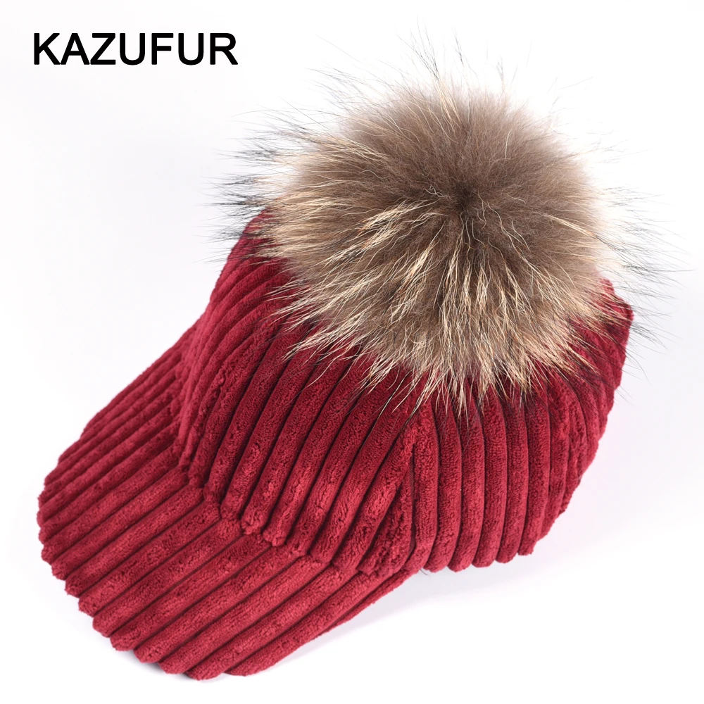 KZ160392 Ladies Lovely Real Raccoon Fur Pom Pom Hat