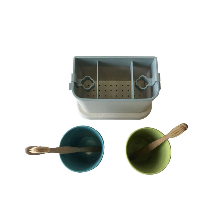 Toothbrush Holder Wheat Straw Multi-functional Waterproof Toothbrush Holder With 2 Cups Family Bathroom Storage Organizer