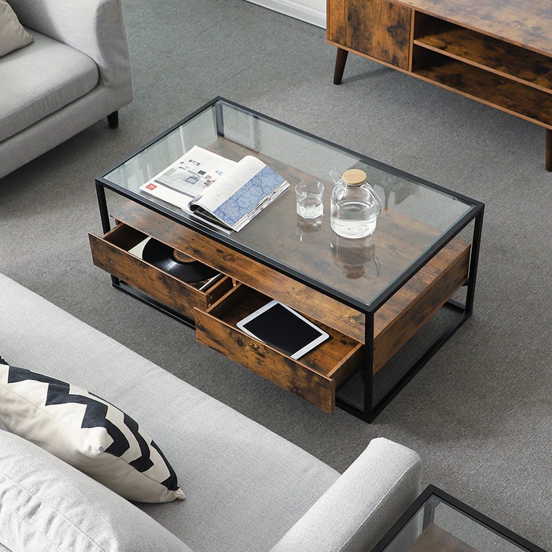Многофункциональный роскошный минималистичный стеклянный журнальный столик VASAGLE среднего века для гостиной с металлической рамкой