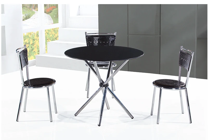 modern delicate black glass dining table and pu leather dining chairs with stainless legs indoor home furniture table set