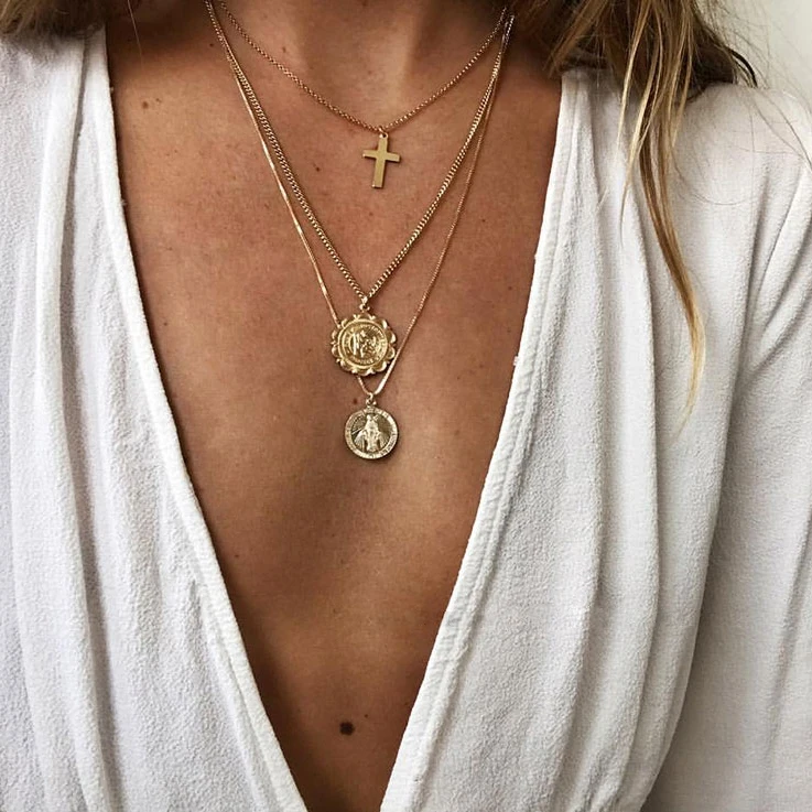 Gemnel религиозная римская портретная защита медальон св. Кристофер монета Длинная цепочка ожерелье Настоящее золото