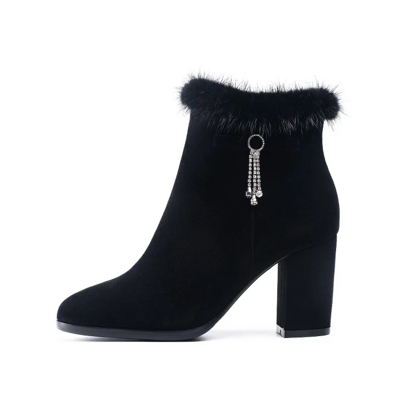 New Arrivals 2021 H390 Solid Leather Winter High Heel Plush Collar Kid Suede Boots Zip Ankle Women Boots