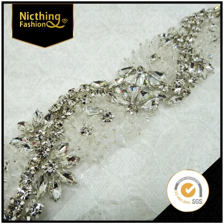 2016 wholesale new design rhinestone and pearl beaded applique ornaments lace trimming rhinestone trim for wedding NRT-065