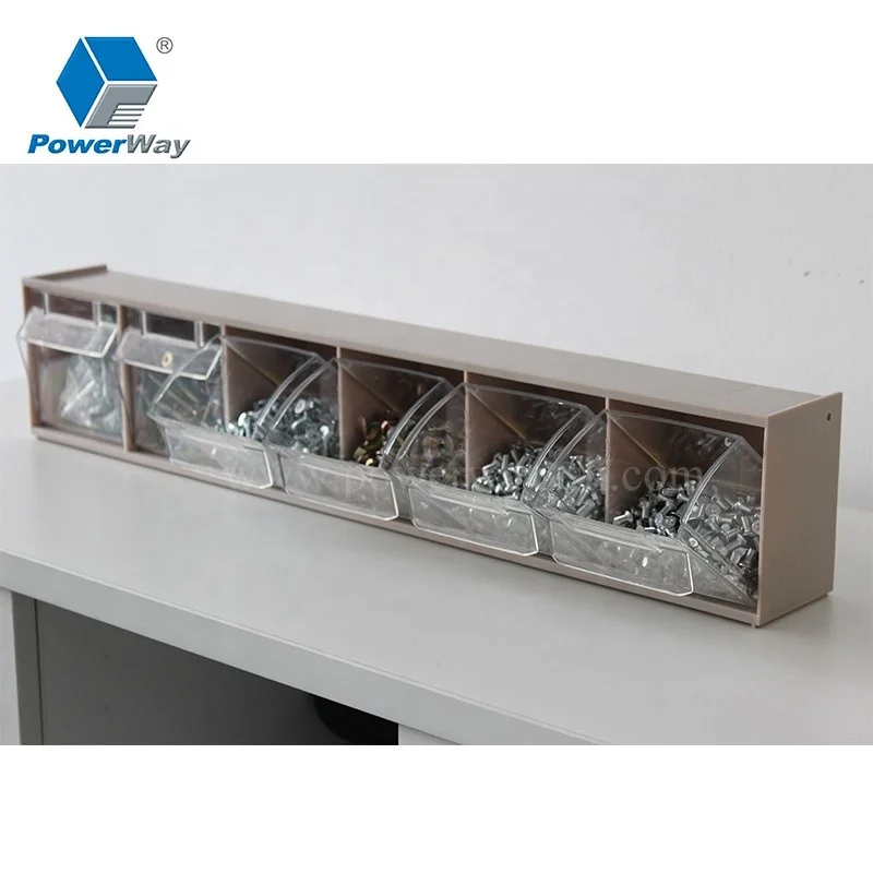 Industrial workbench used visible tilt out parts boxes tilt plastic spare parts storage bin