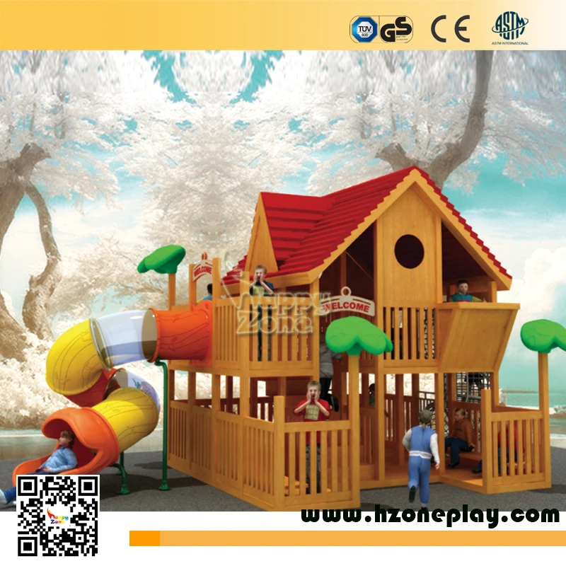 Wood playhouse Outdoor Wooden Playhouse With Slide Happy Zone for Children