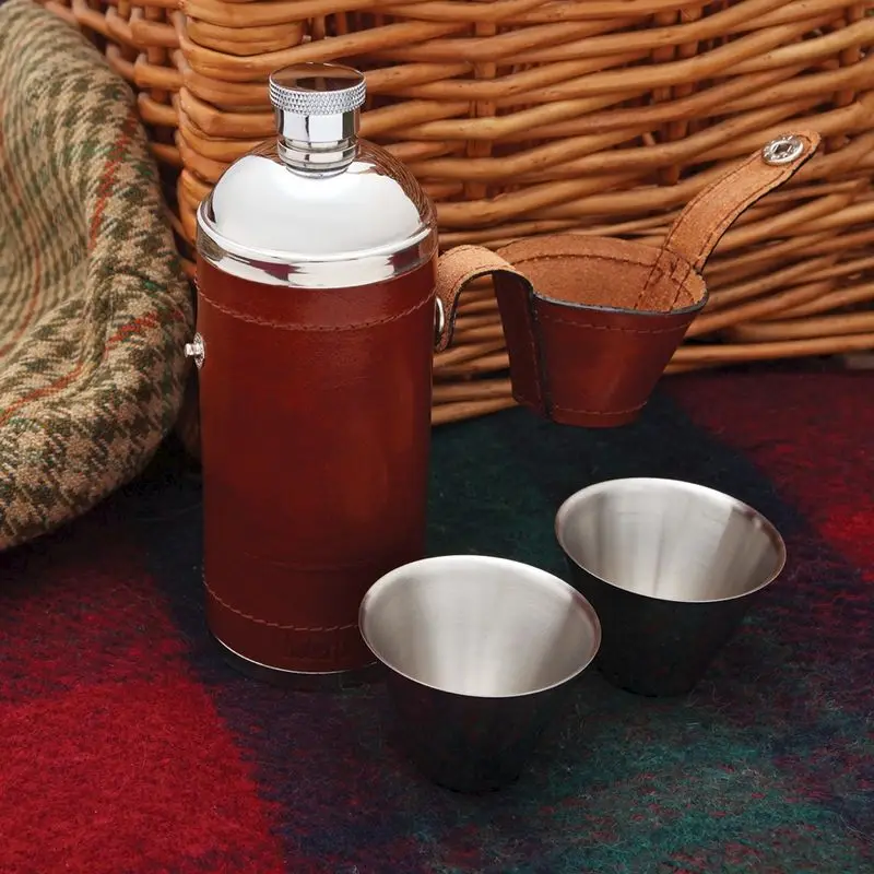 
Stainless Steel 8oz Round Brown Vintage Leather Hip Flask with 2 Concealed Cups in Lid 