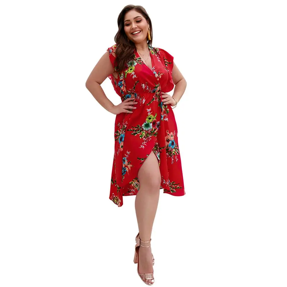 Женское платье с принтом, V-образным вырезом, без рукавов