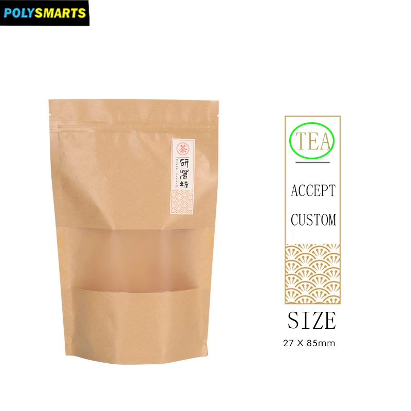 polysmarts Eco friendly Kraft Paper Zipper Bag Stand Up Pouch With Clear Window For Herbal Tea,Spices Packaging