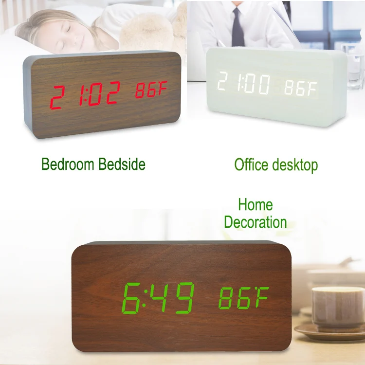 Wholesale Fashion Voice Control Digital Factory Direct Bedside Desk Calendar Digital Wooden LED Alarm Desk Clock