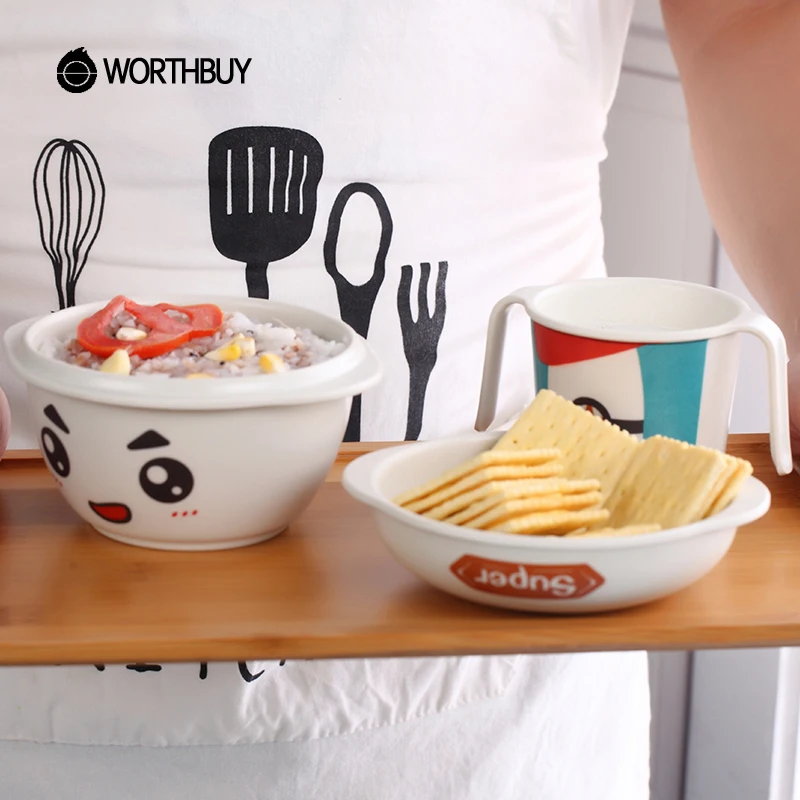 Cute Cartoon Bamboo Fiber Dinnerware Sets Eco-Friendly Kids Tableware Set Assembled Boy & Gril Cutlery School Picnic Set