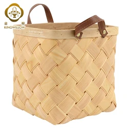 Square woodchip woven storage basket rattan square storage basket with leather handle for sundrises