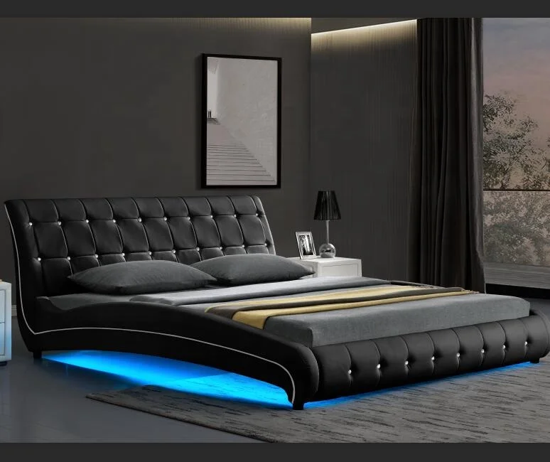 Willsoon bedroom furniture tufted Design faux leather Luxury bed Double wooden Bed Frame with LED Light camas king  headboard