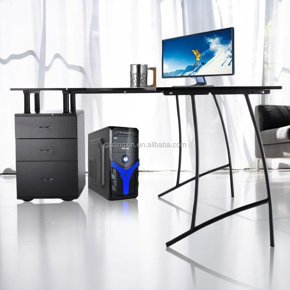 Black Corner Computer Desk Home Office PC Table with 3 Drawers L-Shaped