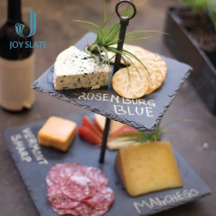 Pure Natural Slate 2 Tier Round Cake Food Serving Tray With High Quality Decoration Stand