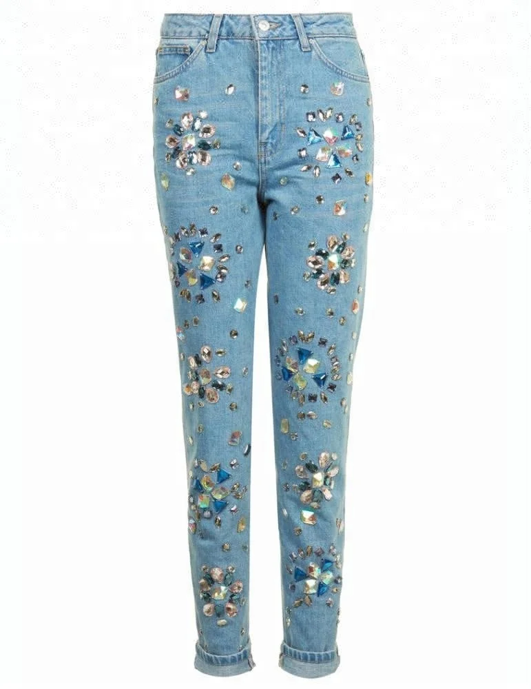 Royal wolf denim jeans manufacturer rock star floral gemstone embellished jeans high waist mom rhinestone jeans