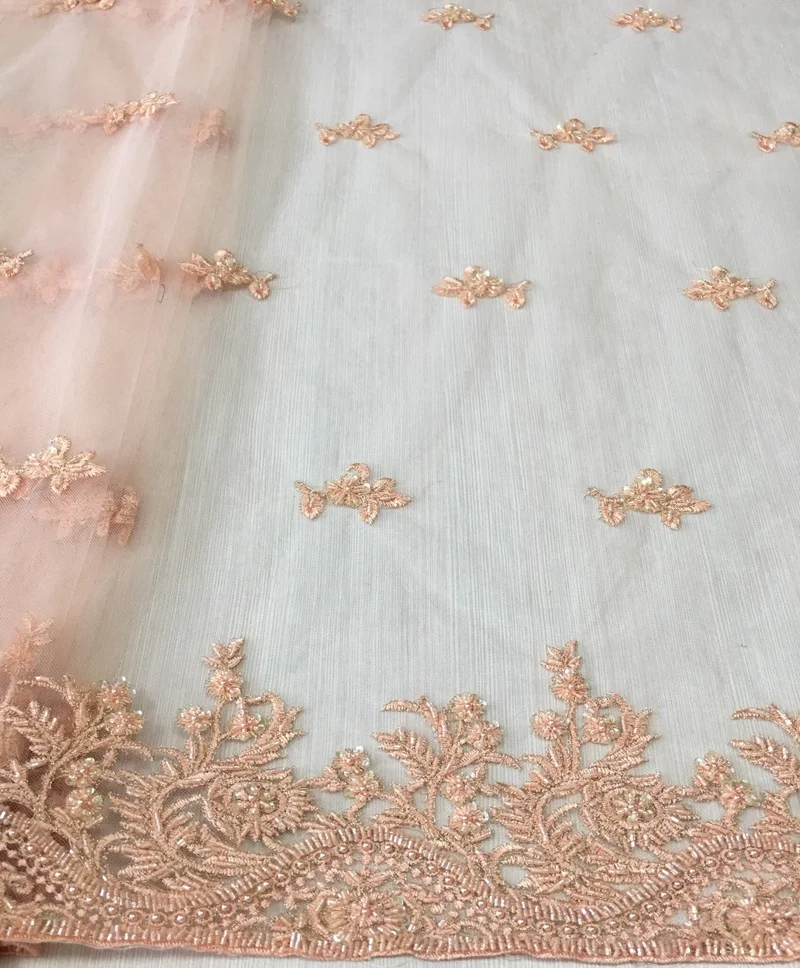 high quality peach embroidery sequin and beaded lace tulle fabric for women dress, simple designs heavy beaded fabric