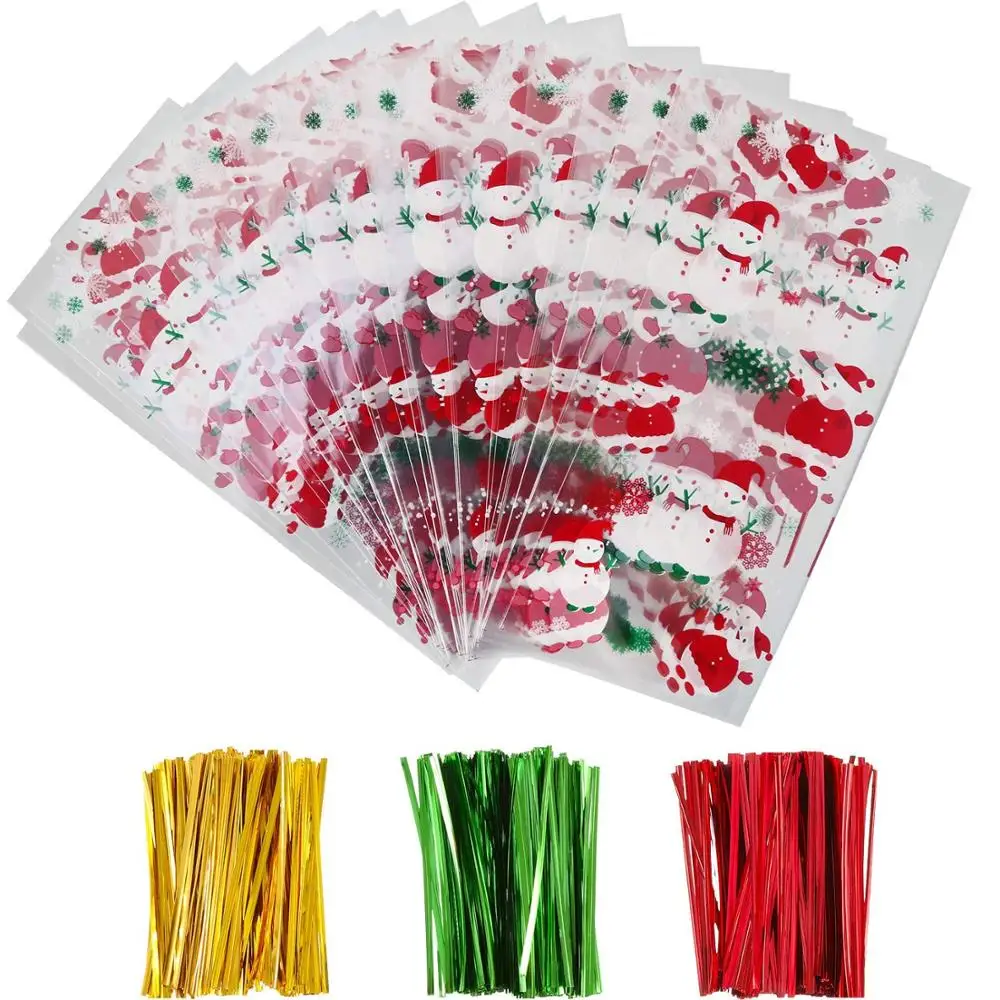 200 Pieces Christmas Cellophane Treat Bags Clear Candy Cookie Bags in Different Design with 200 Pieces Twist Ties Sugar Grocery