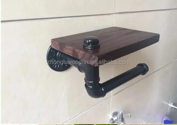 
Industrial Toilet Paper Holder Standing Metal Wall Storage Missingift Tissue Roll Stand with Wooden Shelf 