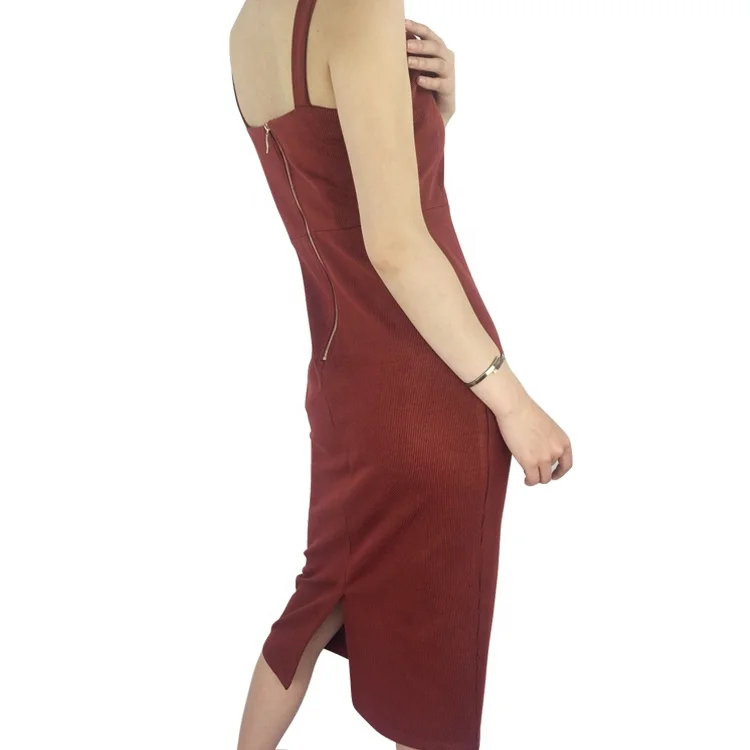 
jacquard spaghetti strap back zipper rust red split long dress 