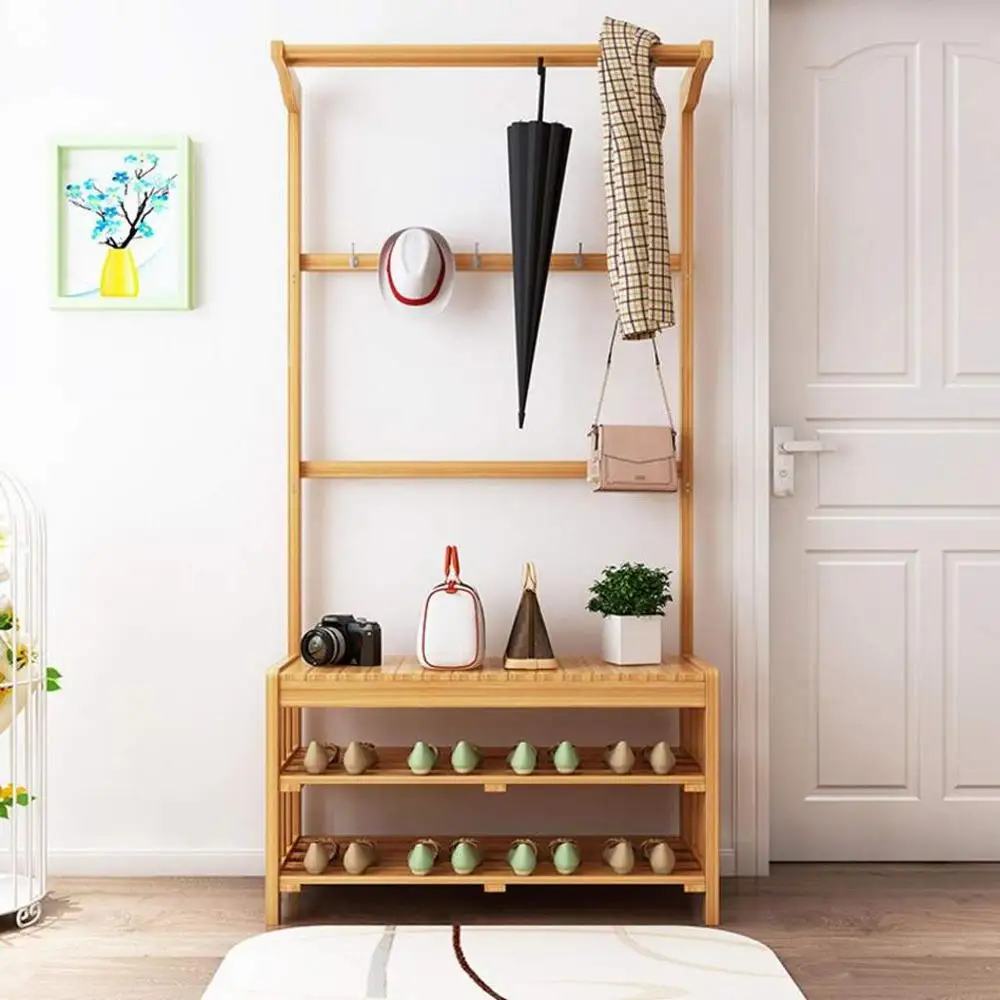 Bamboo Garment Rack Coat Clothes Hanging Rail with 3 Tiers Hat Rack Laundry Storage Shelves