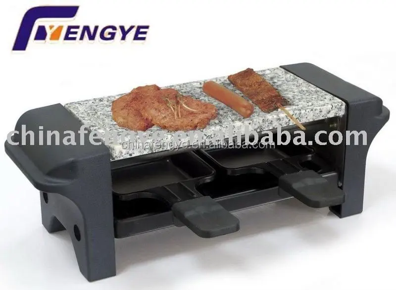 Electric raclette grill for 2 person use with nonstick plate or stone