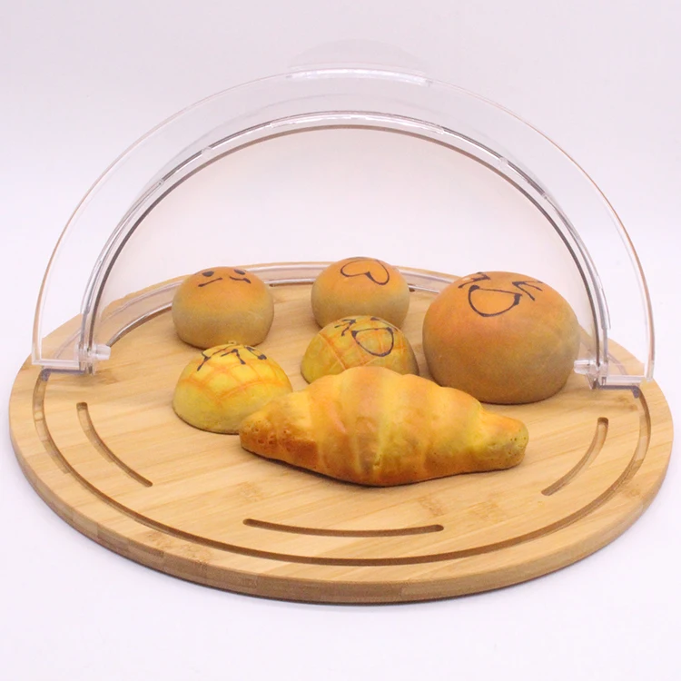 High Quality Bamboo Wood Round Shape Serving Tray Restaurant bread display wooden tray with transparent lid