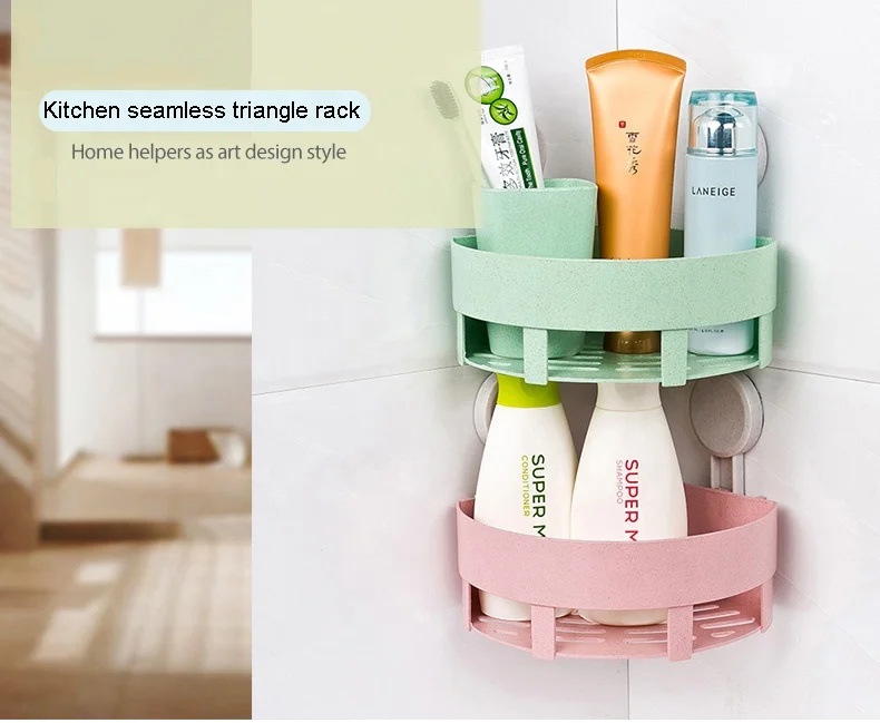 
Wheat Straw Triangle Shaped Plastic Suction Hollow Wall Hanging Corner Bathroom Storage 