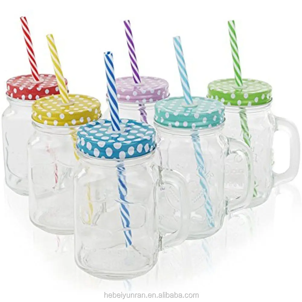 Custom made embossed glass mason jar With Straws Handle