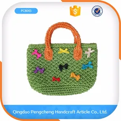 Green color handbag fabric bag paper straw kids handbag crochet beach bag