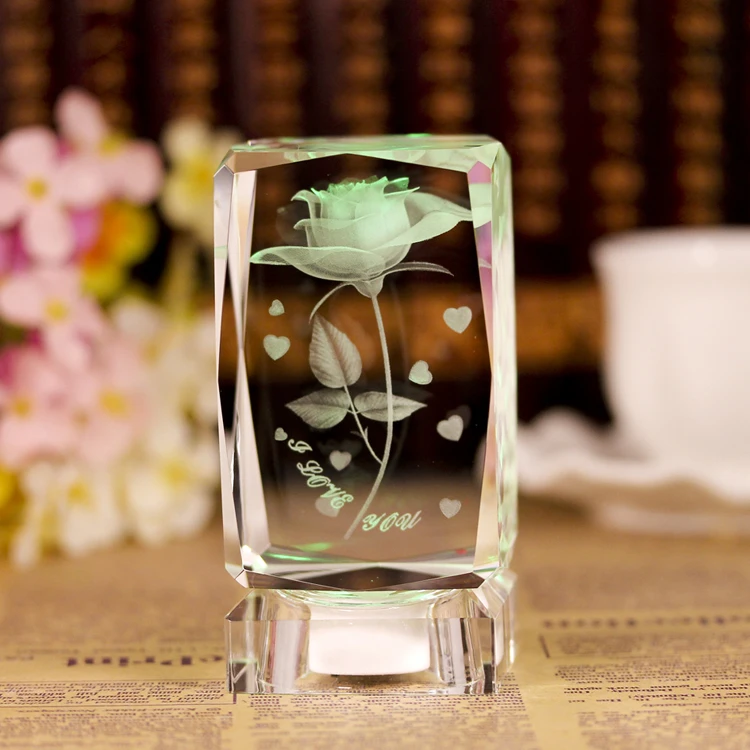 3d Laser Engraved Crystal Cube Rose Flowers Led Light Souvenir 3d Laser Crystal Engraving Business Gift