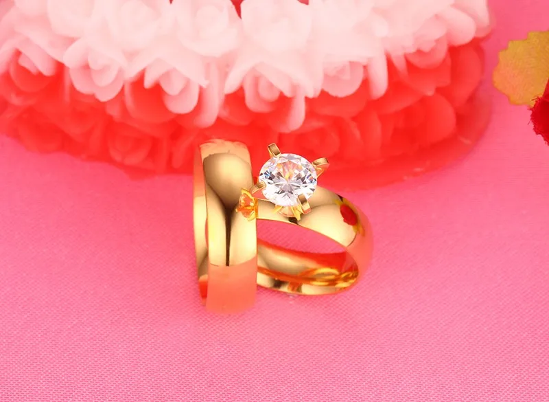 Classical Gold CZ Engagement Stainless Steel Couple Rings Jewelry