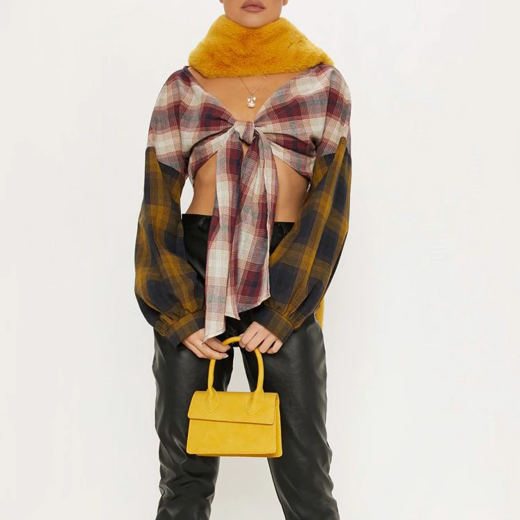 Manufactory custom new design contrast check long sleeve women crop shirt