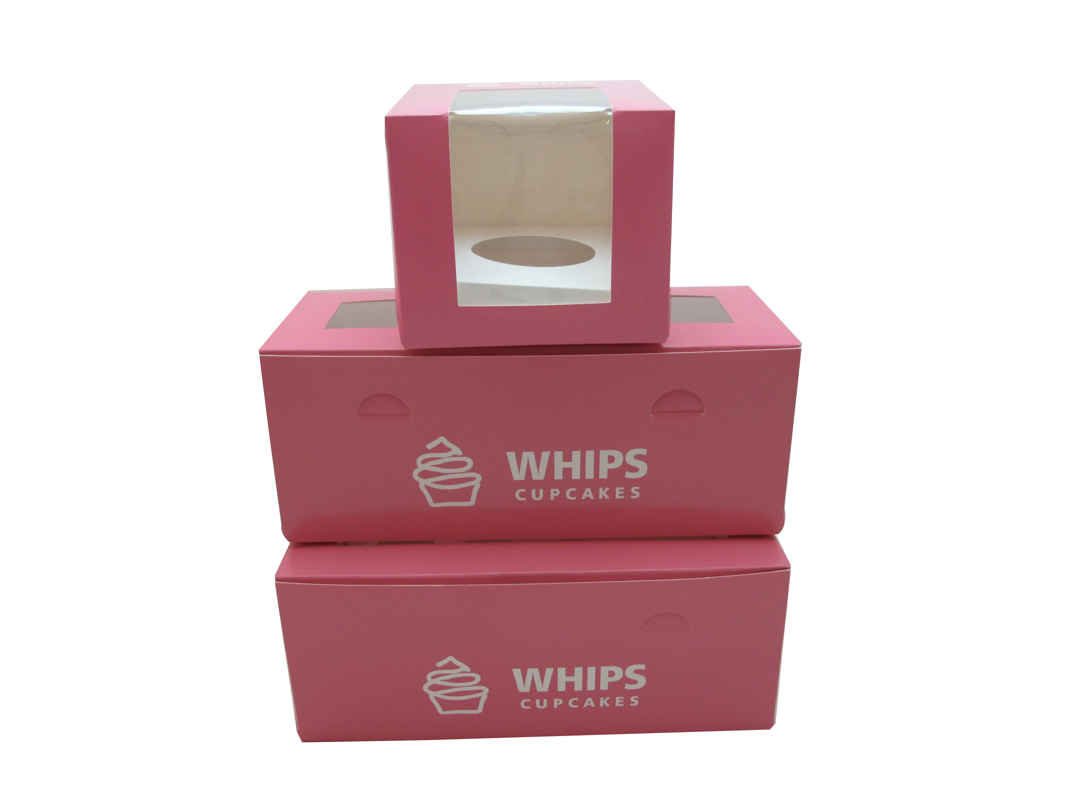 set pink cupcake box with clear window and paper bag