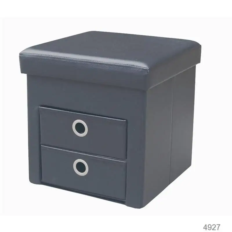 Customized PVC leather folding storage ottoman stool pouf durable large capacity storage cube box with 2 drawers