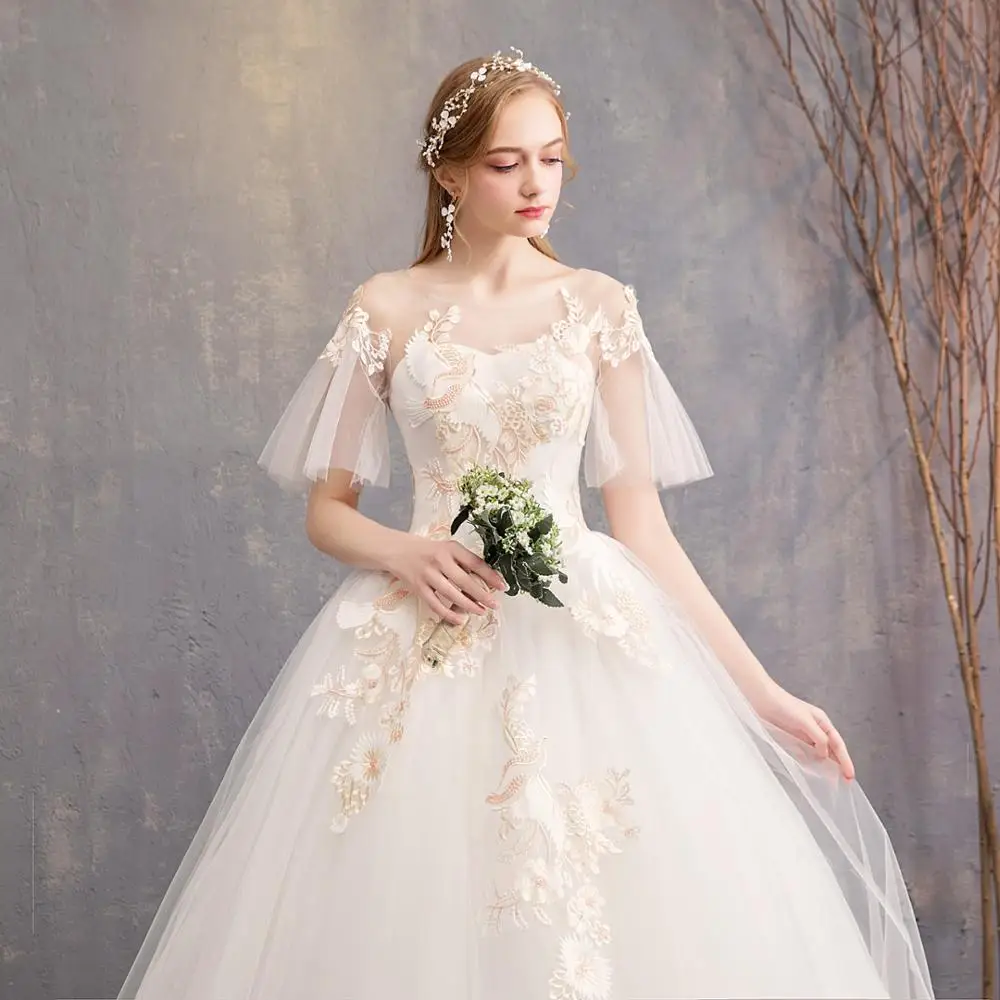 Spring New Trendy Short Flare Bell Sleeve Wedding Dresses Simple O-neck Lace Up Back Wedding Gown