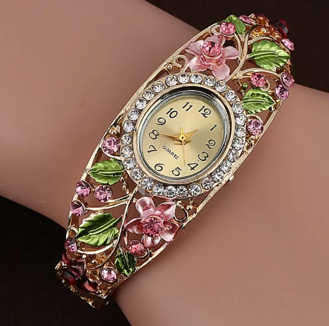 
Bangle Watches Gold Plated Wrist Watch Crystal Flower Women Bracelet Dress Quartz Movt 