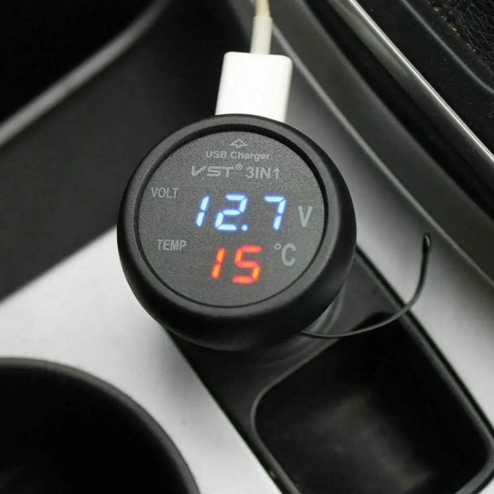Three in One Multifunction LED Dual Digital Voltmeter Tester, Car Voltmeter thermometer car temperature gauge universal