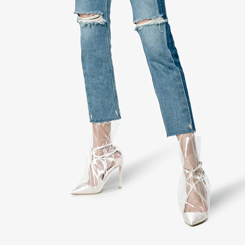 Stylish Dress Shoes Party Heels Plus Size Women Black Transparent Ankle Booties Ladies Short Boots Plastic Bag White Satin Pumps