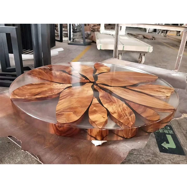 
The latest modern petals embedded transparent river epoxy resin conference table wooden restaurant table 