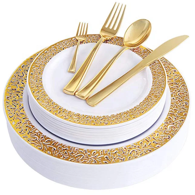 Wholesale Disposable 25Guests Dinner Salad Gold Plastic Plates with Gold tableware