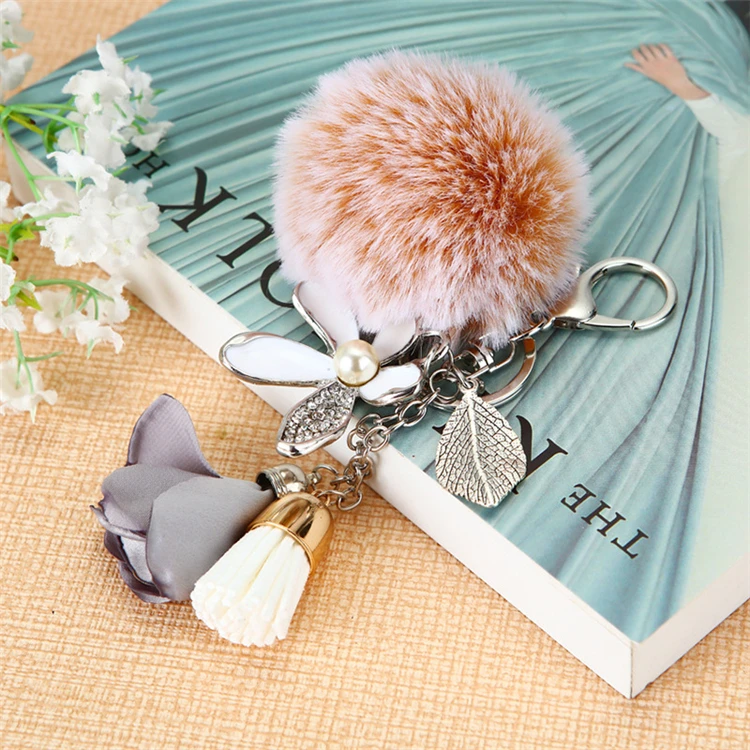 Korean Style Lovely Crystal Rhinestone Flower Bag Charm Fur Ball Keyring Fluffy pom pom Fur Ball Pendant Keychain