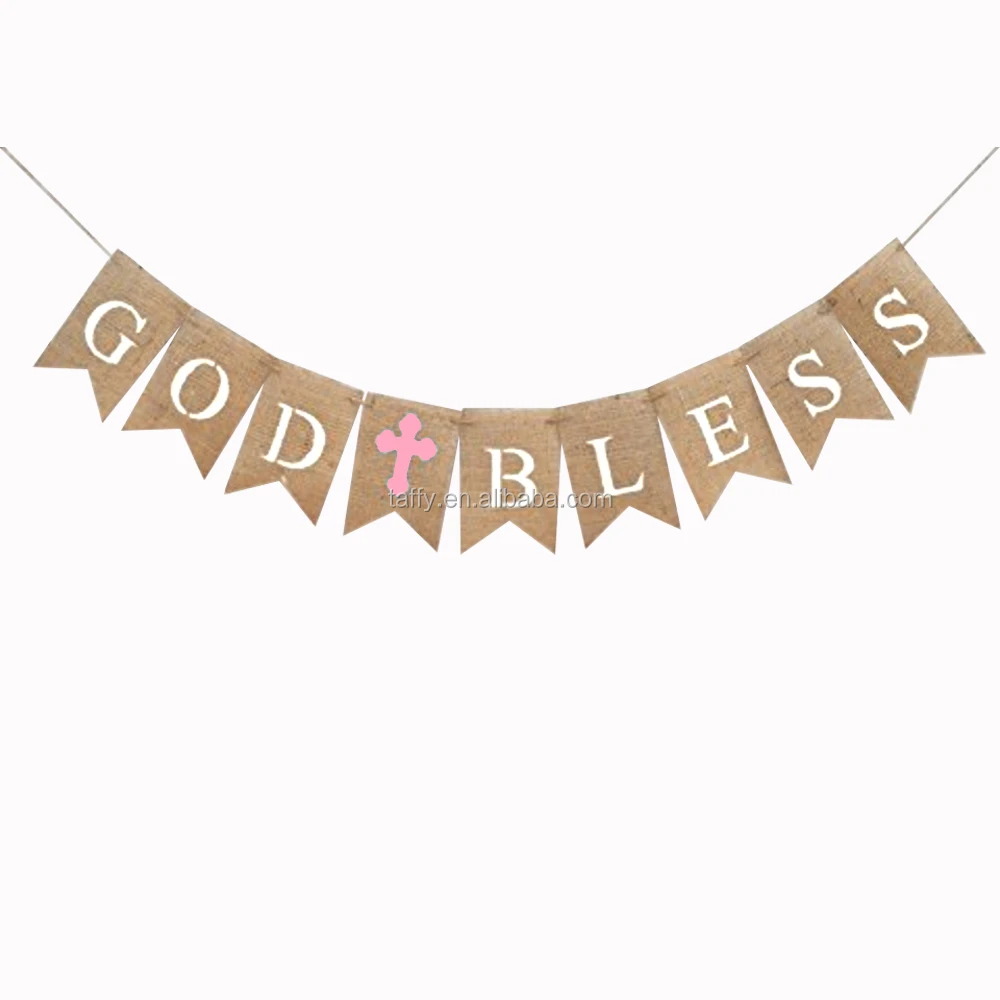 2017 new Communion Party Banner Baptism Christening Decoration burlap hessian God Bless Banner Bunting Blue pink